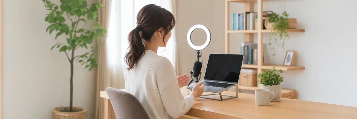 自宅の配信環境で準備する成人女性のイメージ