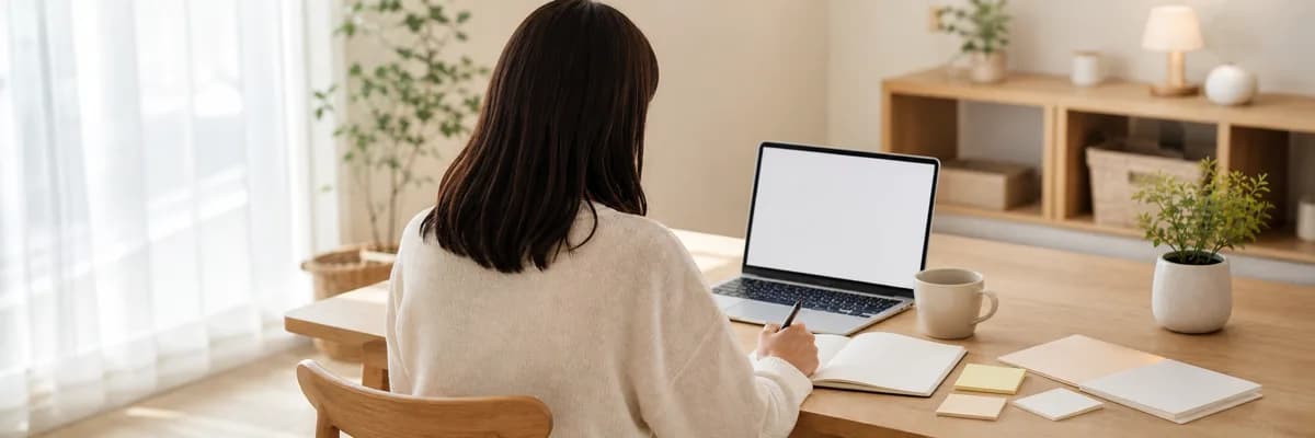 ノートにメモを取りながらPC画面を見る女性の後ろ姿