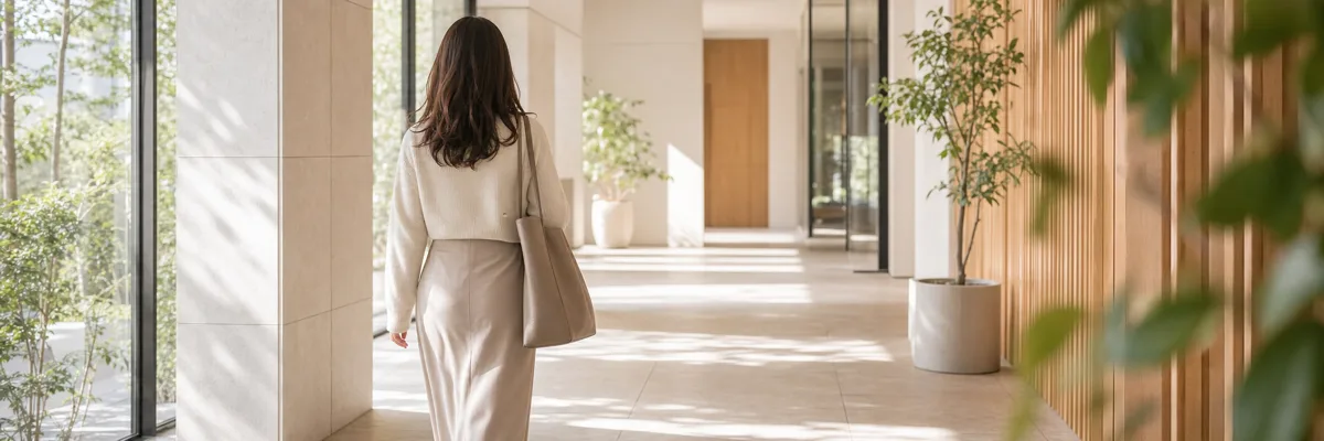 きれいめの私服でビルのエントランスを歩く女性の後ろ姿
