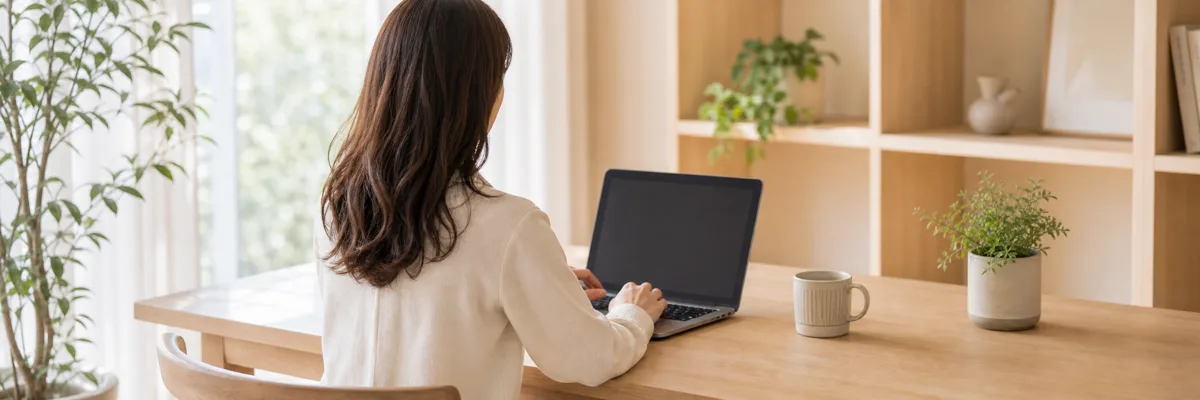 襟のあるニットを着た女性が明るい部屋でPCに向かう後ろ姿