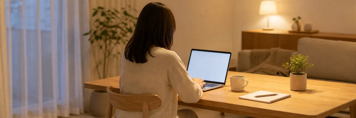 ダイニングテーブルでノートPCを開く女性の後ろ姿